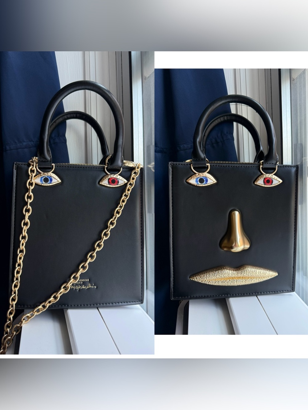 Schiaparelli Inspired Black Leather Satchel with Gold Face Hardware